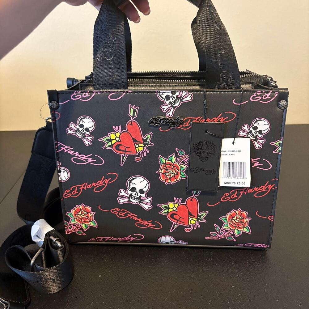 Ed Hardy Skull and Rose Tattoo Print Satchel NWT